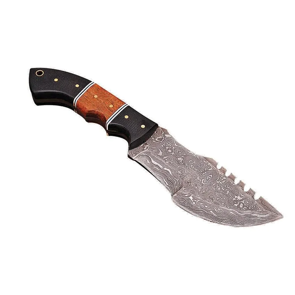 Damascus Knife with Rosewood Micarta Handle & Leather Sheath